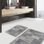 2'li Set Siyah - Beyaz Zeminde Dokuma Halı Motifli Eskitme Desenli Sade & Şık Klasik  2'li Banyo & Mutfak Paspas Takımı Realhomes