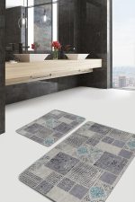 - PaspasTakimi-2li-Set1302-Gorsel - Realhomes 2'li Set Gri - Bej Zeminde Patchwork Motifli Kazayağı Desenli Eskitme Motifli Vintage 2'li Banyo & Mutfak Paspas Takımı Realhomes