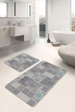 - PaspasTakimi-2li-Set1302-Gorsel-2 - Realhomes 2'li Set Gri - Bej Zeminde Patchwork Motifli Kazayağı Desenli Eskitme Motifli Vintage 2'li Banyo & Mutfak Paspas Takımı Realhomes