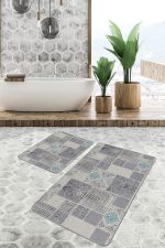 - PaspasTakimi-2li-Set1302-Gorsel-4 - Realhomes 2'li Set Gri - Bej Zeminde Patchwork Motifli Kazayağı Desenli Eskitme Motifli Vintage 2'li Banyo & Mutfak Paspas Takımı Realhomes