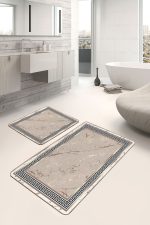 2'li Set Altın - Bej Zeminde Çerçeveli Motifli Mermer Desenli Avangarde Geometrik  2'li Banyo & Mutfak Paspas Takımı Realhomes