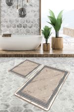 2'li Set Altın - Bej Zeminde Çerçeveli Motifli Mermer Desenli Avangarde Geometrik  2'li Banyo & Mutfak Paspas Takımı Realhomes