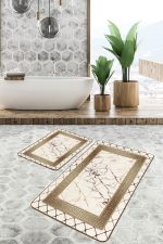- PaspasTakimi-2li-Set1304-Gorsel-1 - Realhomes  2'li Set Altın Zeminde Çerçeveli Motifli Mermer Desenli Geometrik Klasik  2'li Banyo & Mutfak Paspas Takımı Realhomes