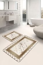 - PaspasTakimi-2li-Set1304-Gorsel - Realhomes  2'li Set Altın Zeminde Çerçeveli Motifli Mermer Desenli Geometrik Klasik  2'li Banyo & Mutfak Paspas Takımı Realhomes