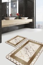 - PaspasTakimi-2li-Set1304-Gorsel-4 - Realhomes  2'li Set Altın Zeminde Çerçeveli Motifli Mermer Desenli Geometrik Klasik  2'li Banyo & Mutfak Paspas Takımı Realhomes
