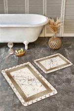 - Realhomes - Realhomes  2'li Set Altın Zeminde Çerçeveli Motifli Mermer Desenli Geometrik Klasik  2'li Banyo & Mutfak Paspas Takımı Realhomes