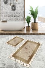 2'li Set Altın - Bej Zeminde Mermer Motifli Çerçeve Desenli Geometrik Avangarde  2'li Banyo & Mutfak Paspas Takımı Realhomes