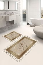 2'li Set Altın - Bej Zeminde Mermer Motifli Çerçeve Desenli Geometrik Avangarde  2'li Banyo & Mutfak Paspas Takımı Realhomes