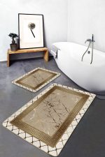 2'li Set Altın - Bej Zeminde Mermer Motifli Çerçeve Desenli Geometrik Avangarde  2'li Banyo & Mutfak Paspas Takımı Realhomes