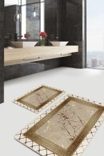2'li Set Altın - Bej Zeminde Mermer Motifli Çerçeve Desenli Geometrik Avangarde  2'li Banyo & Mutfak Paspas Takımı Realhomes