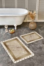 2'li Set Altın - Bej Zeminde Mermer Motifli Çerçeve Desenli Geometrik Avangarde  2'li Banyo & Mutfak Paspas Takımı Realhomes