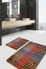 2'li Set Kırmızı - Turuncu Zeminde Patchwork Motifli Kilim Desenli Vintage Klasik  2'li Banyo & Mutfak Paspas Takımı Realhomes