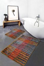 2'li Set Kırmızı - Turuncu Zeminde Patchwork Motifli Kilim Desenli Vintage Klasik  2'li Banyo & Mutfak Paspas Takımı Realhomes