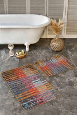 2'li Set Kırmızı - Turuncu Zeminde Patchwork Motifli Kilim Desenli Vintage Klasik  2'li Banyo & Mutfak Paspas Takımı Realhomes