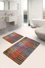 2'li Set Kırmızı - Turuncu Zeminde Patchwork Motifli Kilim Desenli Vintage Klasik  2'li Banyo & Mutfak Paspas Takımı Realhomes