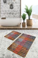 2'li Set Kırmızı - Turuncu Zeminde Patchwork Motifli Kilim Desenli Vintage Klasik  2'li Banyo & Mutfak Paspas Takımı Realhomes