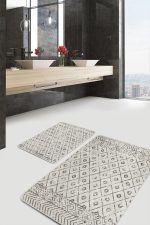 2'li Set Bej Zeminde Bohem Motifli Baklava Desenli Eskitme Motifli Geometrik  2'li Banyo & Mutfak Paspas Takımı Realhomes
