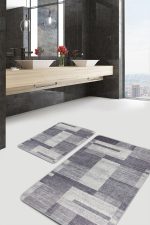 2'li Set Gri - Krem Zeminde Dokuma Halı Motifli Eskitme Desenli Klasik Sade & Şık  2'li Banyo & Mutfak Paspas Takımı Realhomes
