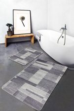 2'li Set Gri - Krem Zeminde Dokuma Halı Motifli Eskitme Desenli Klasik Sade & Şık  2'li Banyo & Mutfak Paspas Takımı Realhomes