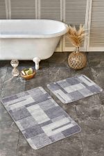 2'li Set Gri - Krem Zeminde Dokuma Halı Motifli Eskitme Desenli Klasik Sade & Şık  2'li Banyo & Mutfak Paspas Takımı Realhomes