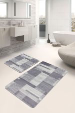 2'li Set Gri - Krem Zeminde Dokuma Halı Motifli Eskitme Desenli Klasik Sade & Şık  2'li Banyo & Mutfak Paspas Takımı Realhomes