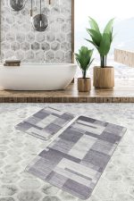 2'li Set Gri - Krem Zeminde Dokuma Halı Motifli Eskitme Desenli Klasik Sade & Şık  2'li Banyo & Mutfak Paspas Takımı Realhomes