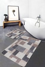 2'li Set Kahverengi - Gri Zeminde Örme Motifli Halı Desenli Sade & Şık Klasik  2'li Banyo & Mutfak Paspas Takımı Realhomes