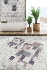 2'li Set Kahverengi - Gri Zeminde Örme Motifli Halı Desenli Sade & Şık Klasik  2'li Banyo & Mutfak Paspas Takımı Realhomes