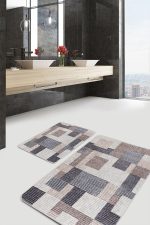 2'li Set Kahverengi - Gri Zeminde Örme Motifli Halı Desenli Sade & Şık Klasik  2'li Banyo & Mutfak Paspas Takımı Realhomes
