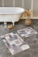2'li Set Kahverengi - Gri Zeminde Örme Motifli Halı Desenli Sade & Şık Klasik  2'li Banyo & Mutfak Paspas Takımı Realhomes