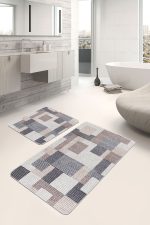 2'li Set Kahverengi - Gri Zeminde Örme Motifli Halı Desenli Sade & Şık Klasik  2'li Banyo & Mutfak Paspas Takımı Realhomes
