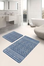 - PaspasTakimi-2li-Set1314-Gorsel - Realhomes 2'li Set Lacivert Zeminde Geleneksel Motifli Kilim Desenli Geometrik Etnik Motifler 2'li Banyo & Mutfak Paspas Takımı Realhomes