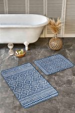 - Realhomes - Realhomes 2'li Set Lacivert Zeminde Geleneksel Motifli Kilim Desenli Geometrik Etnik Motifler 2'li Banyo & Mutfak Paspas Takımı Realhomes