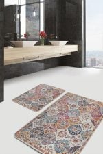 2'li Set Rengarenk Zeminde Etnik Motifli Uşak Desenli Eskitme Motifli Avangarde  2'li Banyo & Mutfak Paspas Takımı Realhomes