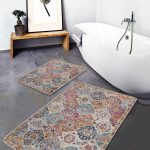 2'li Set Mavi Zeminde Etnik Motifli Eskitme Desenli Vintage Eskitme Motifli  2'li Banyo & Mutfak Paspas Takımı Realhomes