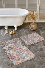 2'li Set Rengarenk Zeminde Etnik Motifli Uşak Desenli Eskitme Motifli Avangarde  2'li Banyo & Mutfak Paspas Takımı Realhomes