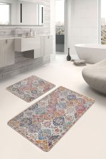 2'li Set Rengarenk Zeminde Etnik Motifli Uşak Desenli Eskitme Motifli Avangarde  2'li Banyo & Mutfak Paspas Takımı Realhomes