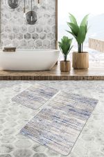 - PaspasTakimi-2li-Set1316-Gorsel-1 - Realhomes  2'li Set Krem - Mavi Zeminde Dokuma Motifli Örgü Desenli Eskitme Motifli Vintage  2'li Banyo & Mutfak Paspas Takımı Realhomes