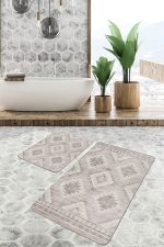 2'li Set Krem - Bej Zeminde Tribal Motifli Geleneksel Desenli Vintage Geometrik  2'li Banyo & Mutfak Paspas Takımı Realhomes