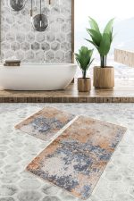 - PaspasTakimi-2li-Set1320-Gorsel-1 - Realhomes  2'li Set Mavi - Yavruağzı Zeminde Dokuma Motifli Kilim Desenli Eskitme Motifli Vintage  2'li Banyo & Mutfak Paspas Takımı Realhomes