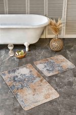 - Realhomes - Realhomes  2'li Set Mavi - Yavruağzı Zeminde Dokuma Motifli Kilim Desenli Eskitme Motifli Vintage  2'li Banyo & Mutfak Paspas Takımı Realhomes