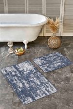 - Realhomes - Realhomes  2'li Set Mavi - Beyaz Zeminde Örme Motifli Eskitme Desenli Eskitme Motifli Sade & Şık  2'li Banyo & Mutfak Paspas Takımı Realhomes