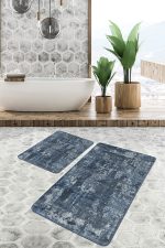 - PaspasTakimi-2li-Set1322-Gorsel-2 - Realhomes 2'li Set Mavi - Lacivert Zeminde Eskitme Motifli Antika Desenli Eskitme Motifli Sade & Şık 2'li Banyo & Mutfak Paspas Takımı Realhomes