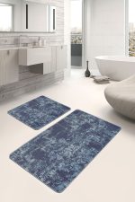2'li Set Mavi Zeminde Antika Motifli Eskitme Desenli Sade & Şık Eskitme Motifli  2'li Banyo & Mutfak Paspas Takımı Realhomes