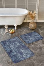 2'li Set Mavi Zeminde Antika Motifli Eskitme Desenli Sade & Şık Eskitme Motifli  2'li Banyo & Mutfak Paspas Takımı Realhomes