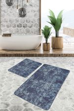 2'li Set Mavi Zeminde Antika Motifli Eskitme Desenli Sade & Şık Eskitme Motifli  2'li Banyo & Mutfak Paspas Takımı Realhomes