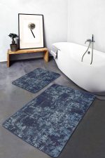 2'li Set Mavi Zeminde Antika Motifli Eskitme Desenli Sade & Şık Eskitme Motifli  2'li Banyo & Mutfak Paspas Takımı Realhomes