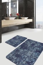 2'li Set Mavi Zeminde Antika Motifli Eskitme Desenli Sade & Şık Eskitme Motifli  2'li Banyo & Mutfak Paspas Takımı Realhomes