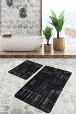 - PaspasTakimi-2li-Set1325-Gorsel - Realhomes 2'li Set Siyah - Beyaz Zeminde Siyah Motifli Kilim Desenli Sade & Şık Klasik 2'li Banyo & Mutfak Paspas Takımı Realhomes