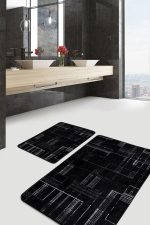 - PaspasTakimi-2li-Set1325-Gorsel-2 - Realhomes 2'li Set Siyah - Beyaz Zeminde Siyah Motifli Kilim Desenli Sade & Şık Klasik 2'li Banyo & Mutfak Paspas Takımı Realhomes
